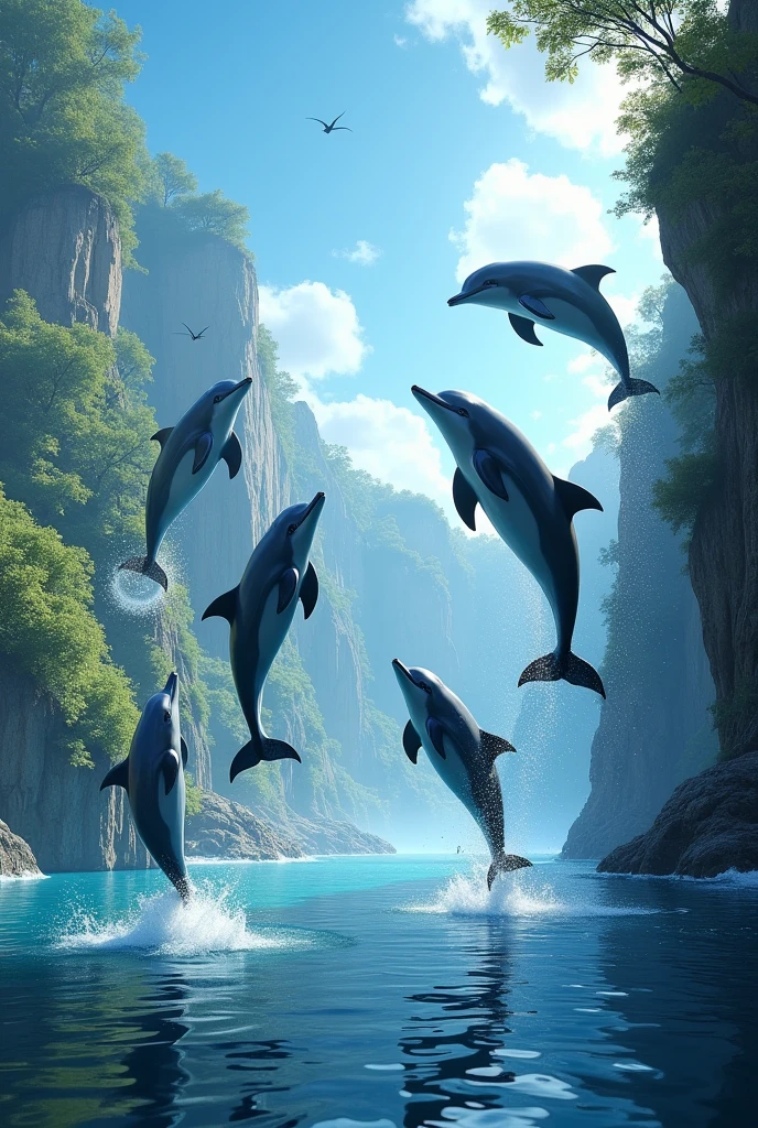 Dolphins jumped out of the water, surrounded by beautiful scenery, like being in a fairy tale.