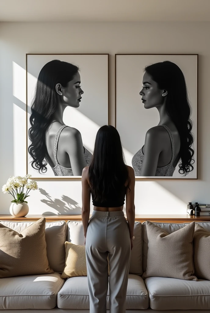 A Brazilian woman from behind admiring two 60x80 black and white paintings on the wall above the sofa, large and well-lit room