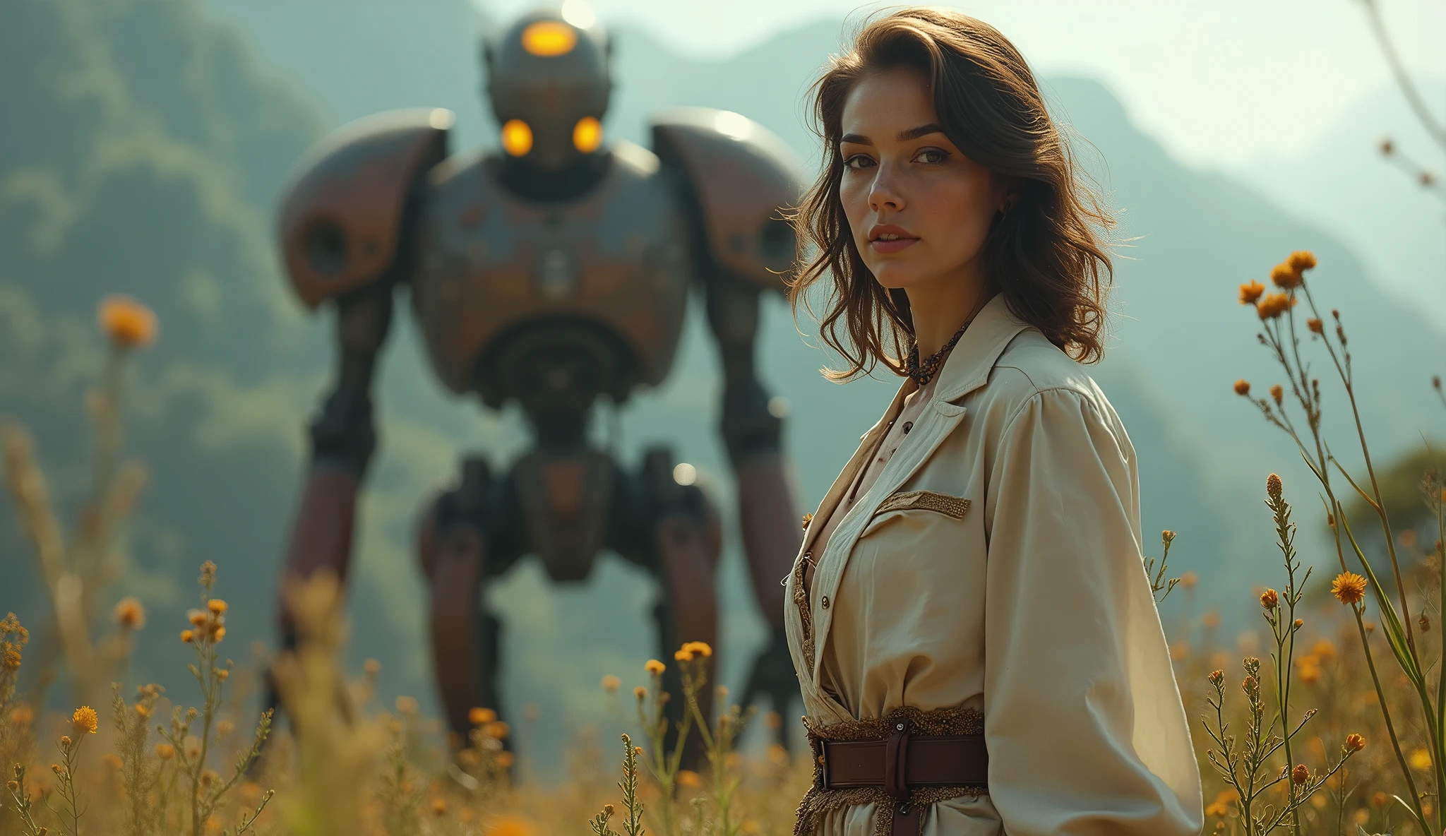 (masterpiece, UHD. Photorealistic. Analog photography.1950 style.) in a dystopian Neo retro futuristic world. An ultra hot gorgeous European woman. Age 23. Epic cleavage (100e size). Dressed like a 1940 adventuress. She studies flora and fauna In the wilderness. 1930 clunky and rusty giant evil war robot with glowing eyes in the background.