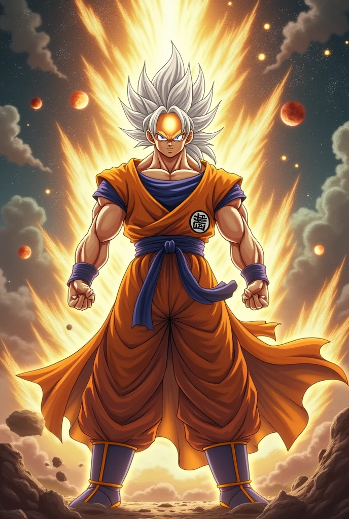 Goku as most powerful god in his ultimate form in white hair make his forehead goldly and show that he is destroying universe and defeating berus