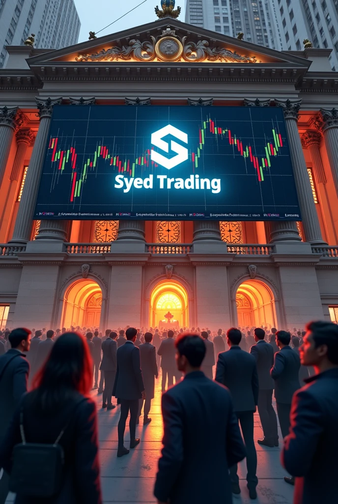 Show a name on the paper "syed trading" and best logo share market and best candle stick and many people meet me on the front off stock market world 