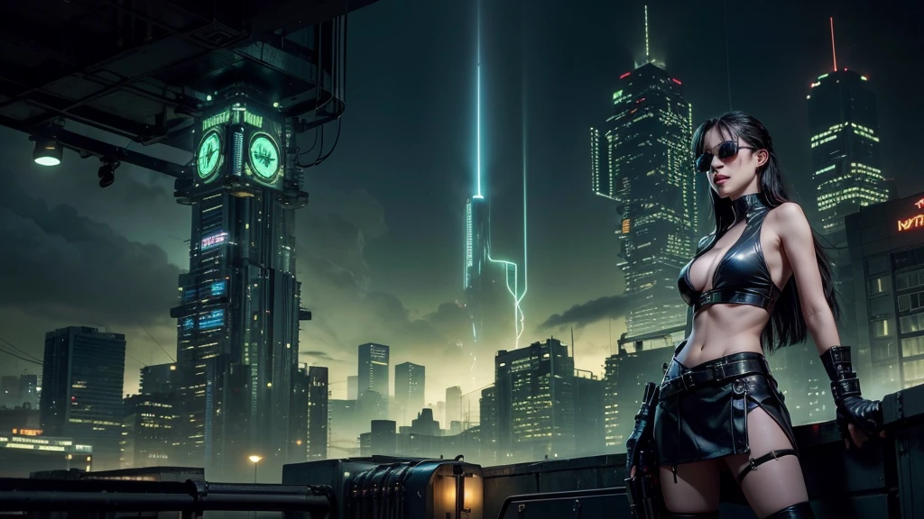 (Wide angle view). Matrix film inspired city, simple outlined neon tall buildings, glowing giant clock tower, lightning, close-up glowing matrix cascading code, 3D rendering Beeple. At night, (1girl, solo, alone), photorealistic, large-breast slim:0.6 body, oval:0.5 face, cleavage:1.1, miniskirt, deep-v, ((upskirt)), glove, (Matrix style black micro sunglasses), ((aiming viewer with a short gun)), (half-body thigh level close-up shot), cinematic lighting, ray tracing.