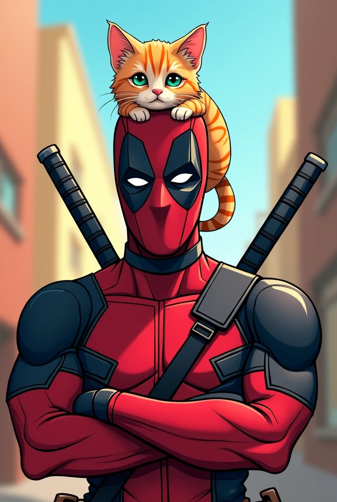cartoon deadpool with cat on his head