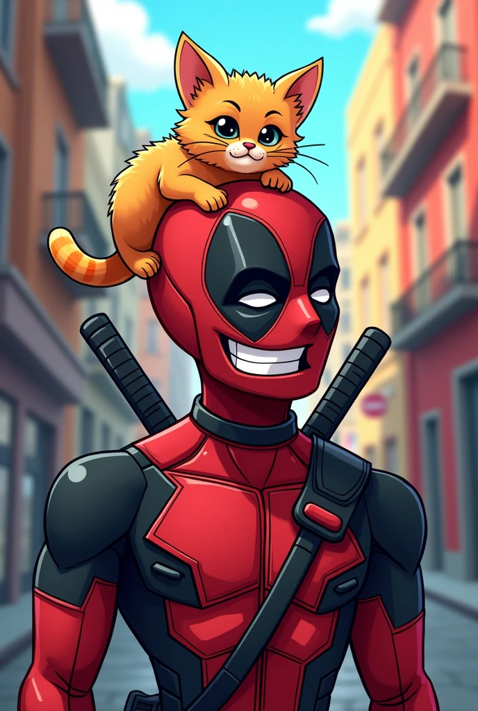 cartoon deadpool with cat on his head