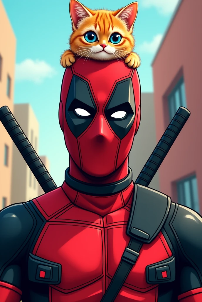 cartoon deadpool with cat on his head