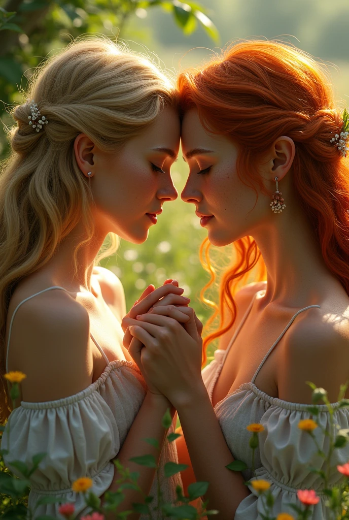 Blonde woman, ginger woman with freckles, holding hands, romantic scenery, realistic, detailed, close up.
