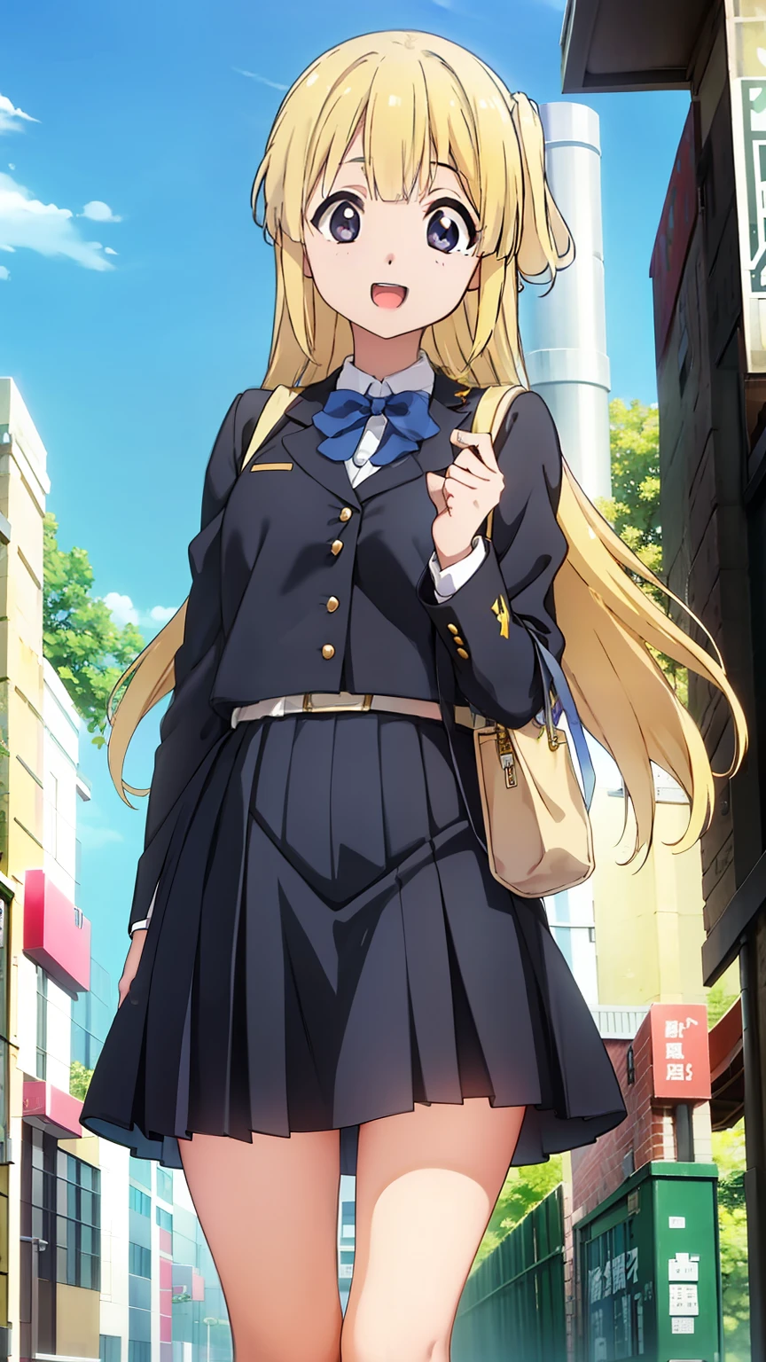 Shy college girl walking through campus,like々Wearing a new uniform,sunny day,Long blonde
