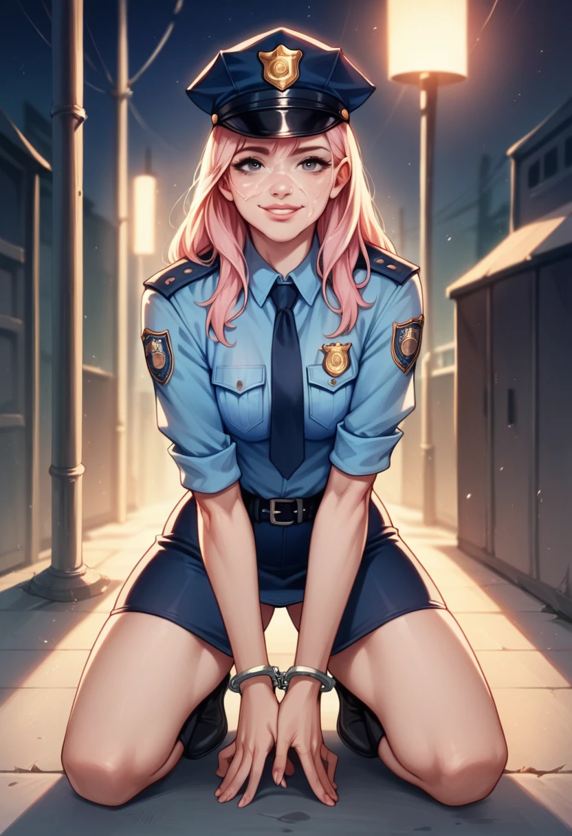 Woman, adult, withe hair, sexy police officer in uniform, night, soft light, facial details, from front, smiling, light pink lips, handcuffs in his hand, fingers, cop cap, full body --Realistic Style-Imagination-