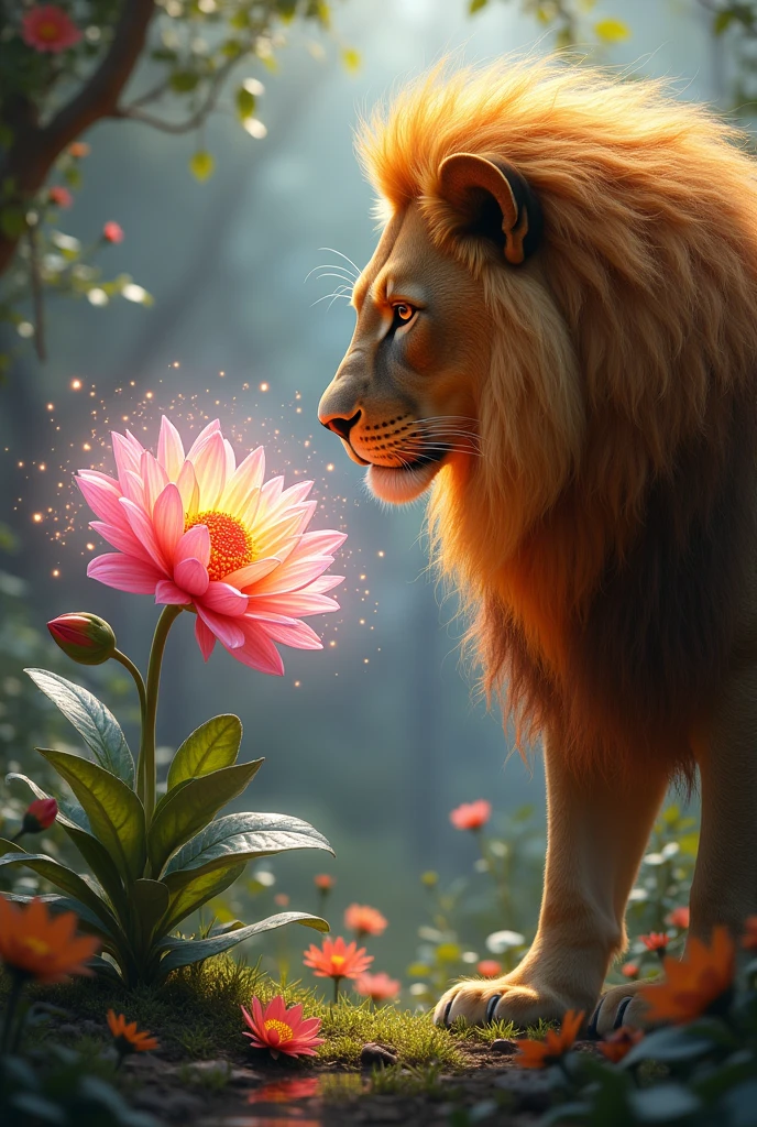 The magical flower shining with vivid colors.
3. The magic flower talking to Leo a golden-maned lion