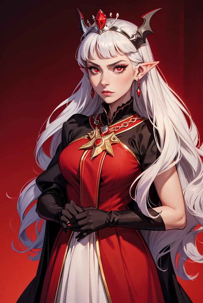 a devilish woman with black hair, pale skin, and piercing red eyes, wearing an elaborate elf-like costume, in a dark and mysterious fantasy setting, (best quality,4k,8k,highres,masterpiece:1.2),ultra-detailed,realistic,photorealistic,photo-realistic:1.37,HDR,UHD,studio lighting,ultra-fine painting,sharp focus,physically-based rendering,extreme detail description,professional,vivid colors,bokeh,dark fantasy,dark and moody,glowing red eyes,pale complexion,intricate costume,detailed facial features,dramatic lighting,gothic,cinematic