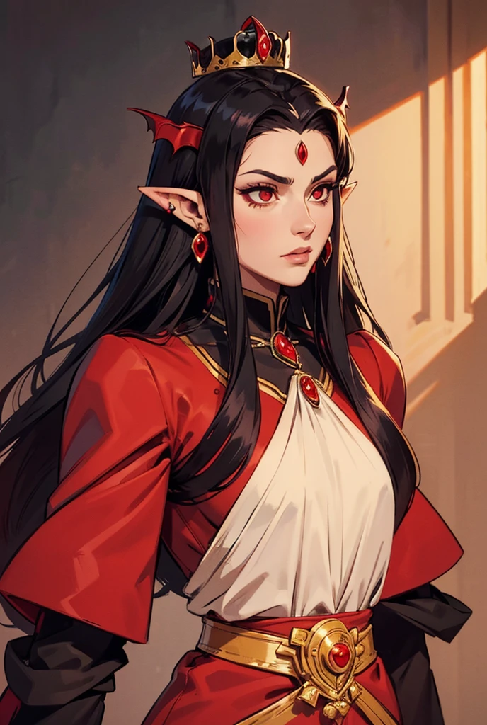 High Resolution, Long Hair, Simple background, Red Eyes, Pointy Ears,Best Quality, Masterpiece, Anatomically Correct, Super Detailed, Earrings, Red Eyes, Jewelry, Hair Ornament, Crown, Tiara, Illustration, Anime, Anime Style, Vampire, Elegant, Elegant clothing, Fancy clothes, Fancy, Royal, Royal clothes, Black clothes, Gothic clothes, crown, elegant hair, elegant makeup, Serious, hide hands, headshot