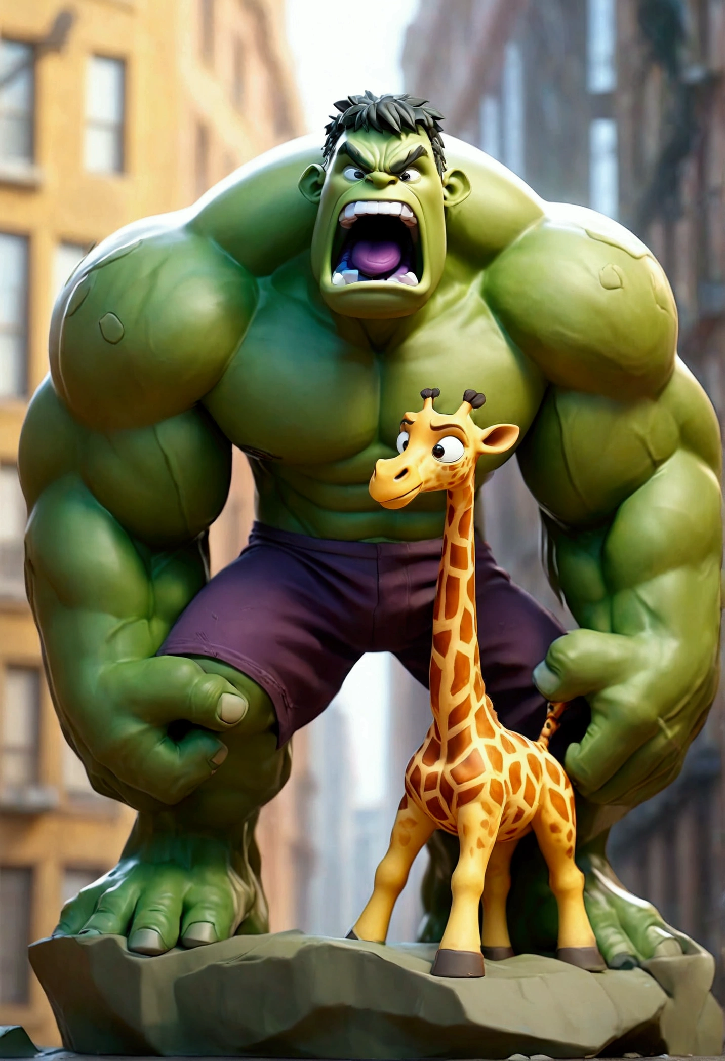 Here's a detailed prompt for the image:
In a surreal and exaggerated battle scene, the Hulk, with his iconic green skin and muscular build, is being overpowered by a tall, powerful giraffe. The giraffe, towering over the Hulk, has wrapped its long neck around him in a tight grip, lifting him slightly off the ground. The Hulk appears surprised and struggling, his face showing both shock and frustration. The background is a mix of a cityscape and a savannah, blending urban elements with wild nature. Dust and debris are scattered around, emphasizing the intensity of the encounter. The colors are vibrant, with the giraffe's spotted pattern contrasting sharply with the Hulk's green hue.