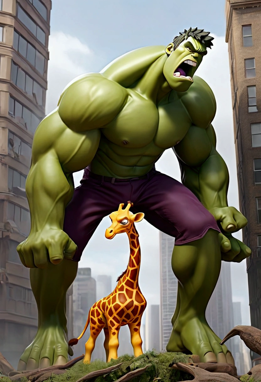 Here's a detailed prompt for the image:
In a surreal and exaggerated battle scene, the Hulk, with his iconic green skin and muscular build, is being overpowered by a tall, powerful giraffe. The giraffe, towering over the Hulk, has wrapped its long neck around him in a tight grip, lifting him slightly off the ground. The Hulk appears surprised and struggling, his face showing both shock and frustration. The background is a mix of a cityscape and a savannah, blending urban elements with wild nature. Dust and debris are scattered around, emphasizing the intensity of the encounter. The colors are vibrant, with the giraffe's spotted pattern contrasting sharply with the Hulk's green hue.