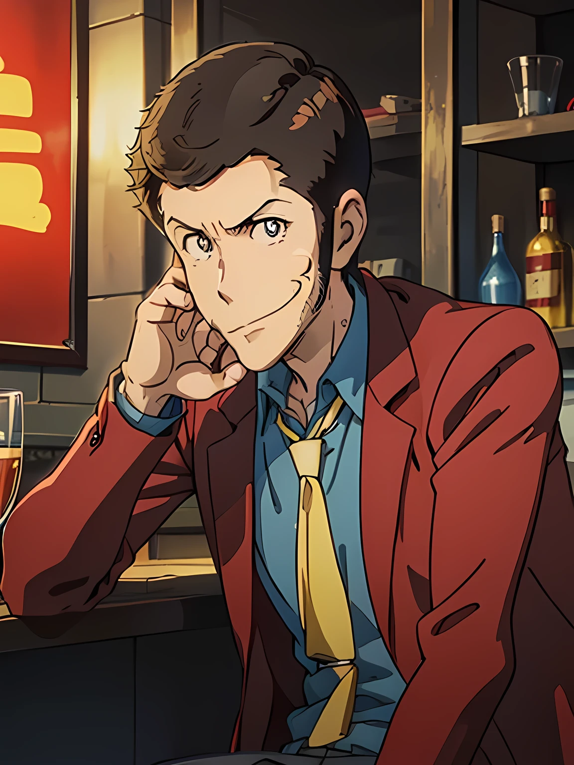 Lupin, (Red jacket, Blue shirt, yellow tie, very short hair), Close-up, Toon Shader Rendering, Natural side Lighting, ((A slightly dimly lit bar, Sit at the counter)), Slightly Smile with mouth closed, With a glass, The correct number of fingers, Nice atmosphere, Clear images, Anime style illustration, ((masterpiece, best quality, high resolution))