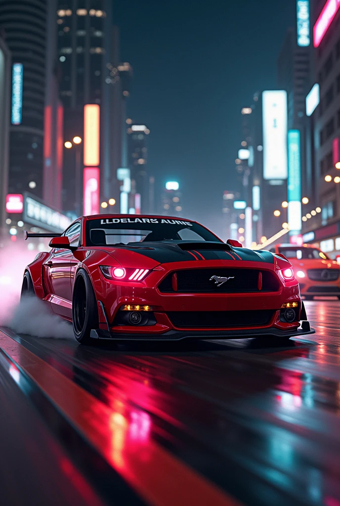 Mustang muscle car with red headlight fully customise in night highway big city