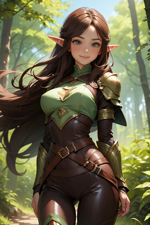 Brown hair fit body medium breasts slender thighs modest green fantasy leather armor cute wood elf solo freckles looking at viewer in woods long hair blowing in wind blushing determination, 8k, extreme detail, sketch art, sweet smile