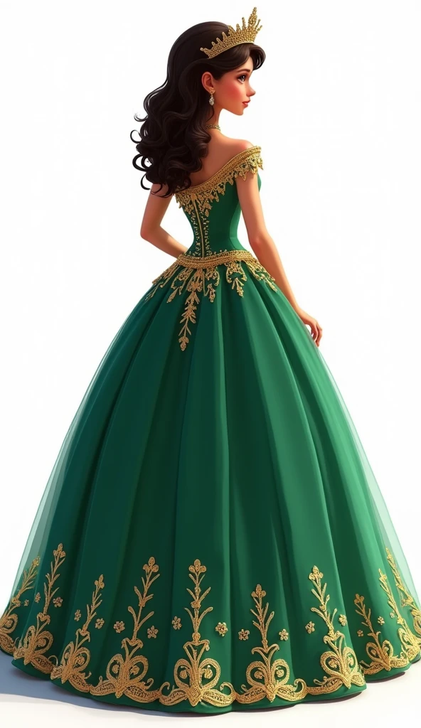 Make an animated illustration on a white background, of a quinceañera dressed in a majestic emerald green dress with gold details. The quinceañera is facing away, looking slightly to the right.. The design is elaborate and elegant, with a style worthy of royalty and high society, highlighting the young woman's social status. The dress has a neckline that reveals the high back and shoulders., with gold embroidery that stands out against the green background. The skirt is wide and voluminously adorned with the same golden details.. Her hair, dark brown, It is combed in soft waves that fall over her back.. besides, She wears a golden crown that completes her royal and sophisticated look., which makes her look like a princess on her special day.