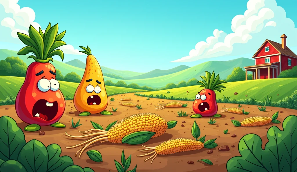 Create an cartoon image of a crops are damaged