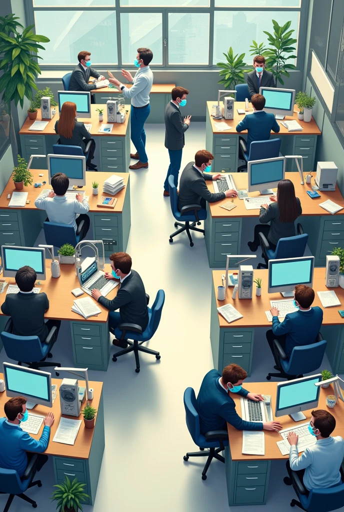 Insurance offices, workers in different sectors with adequate protective equipment.