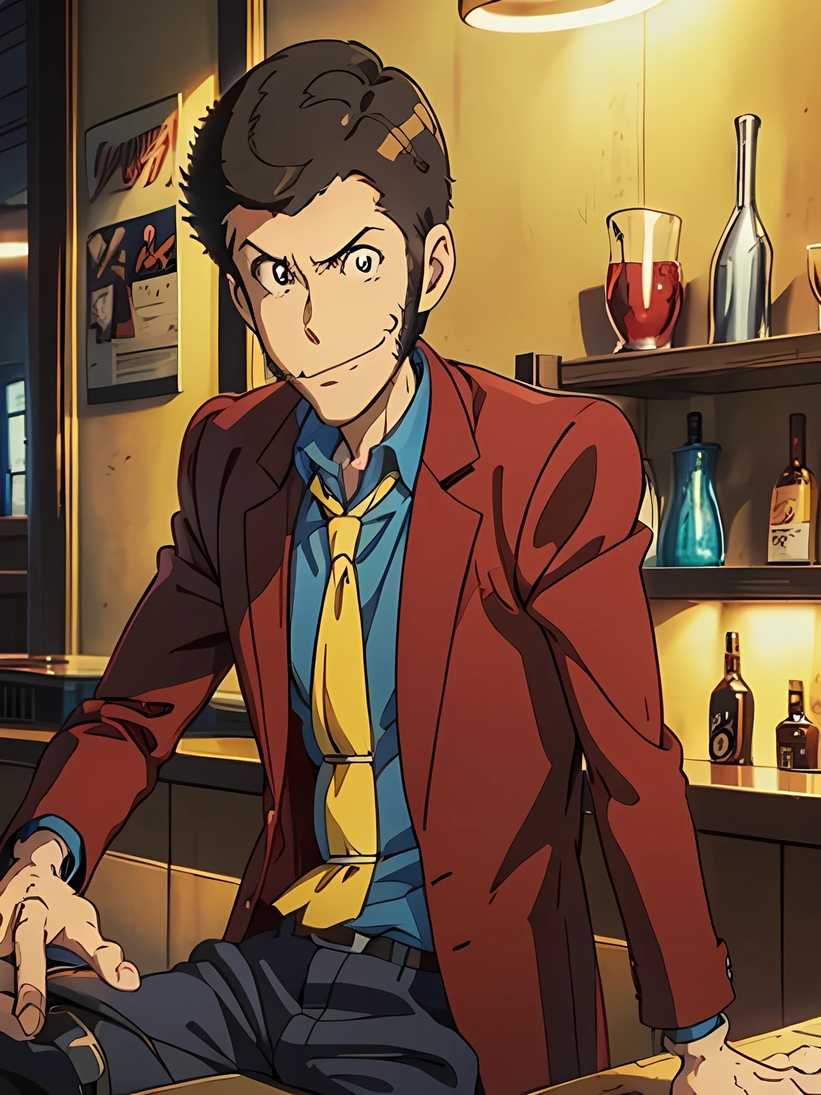 Lupin, (Red jacket, Blue shirt, yellow tie, very short hair), Close-up, Toon Shader Rendering, Natural side Lighting, ((A slightly dimly lit bar, Sit at the counter)), Slightly Smile with mouth closed, With a glass, The correct number of fingers, Nice atmosphere, Clear images, Anime style illustration, ((masterpiece, best quality, high resolution))