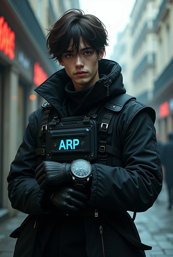 (work of art,Distinctive Quality,mirror-like,Cinematic experience,insanely detaileda,absurderes),8k,wall-paper,(best illustrations:2.0),(A man of 2:2.0),brown hair and thin beard,(Ghost in the Shell style worldview:2.0),(black tactical overcoat:2.0),(Heavy black bulletproof vest:2.0),(written vest "ARP":1.8),(black gloves:2.0),(thin, thin-faced boy:2.0),(gorgeous eyes),(face detailed),(Detailed hand drawing:2.0),(He is standing and fiddling with his watch on his wrist.:2.0),(The background is Paris),(Drawing in monochrome:2.0),(noir:2.0),(a futuristic style watch with blue backlighting and large dial:2.0),(looking at me with his head down and serious:2.0),kubrick stare