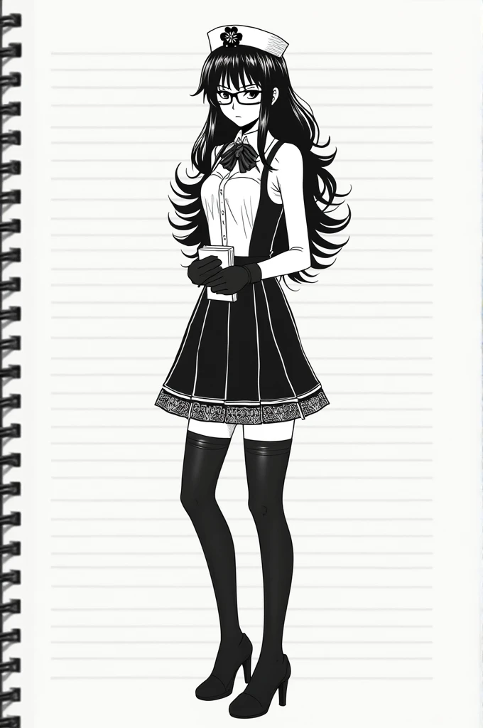 The image is a black ink drawing of a young woman with a serious expression, created on a lined notebook page. Here are the detailed features of the drawing:

1. **Face and Hair**: 
   - The woman has long, wavy black hair that reaches down past her shoulders. Her hair appears layered, with some strands partially covering her face and others flowing freely.
   - She is wearing rectangular glasses with a relatively thin frame.
   - Her expression is serious and somewhat stern, with a slight frown on her face.

2. **Clothing**:
   - She is wearing a sleeveless blouse that is buttoned down the front. The top half of the blouse is white, while the bottom section, around the waist, is black.
   - Her skirt is short and black, with white accent lines near the hem that form a pattern, possibly pleats or panels.
   - She has black gloves that extend slightly past her wrists.
   - She is also wearing black thigh-high socks.

3. **Accessories**:
   - On her head, she has a small, white nurse-like cap, adorned with a black flower on the left side.
   - In her right hand, she holds a small book or notepad, clutched to her side.

4. **Body Language and Posture**:
   - The woman is standing straight, with her left arm hanging by her side and her right arm bent slightly at the elbow to hold the book or notepad.
   - The overall posture is one of seriousness and formality, possibly indicating she is a character with a professional or strict demeanor.

The drawing is done entirely in black ink, with no shading except for solid black areas like the hair, skirt, gloves, and socks. The background is simply the lined paper of the notebook, with no additional elements or scenery.