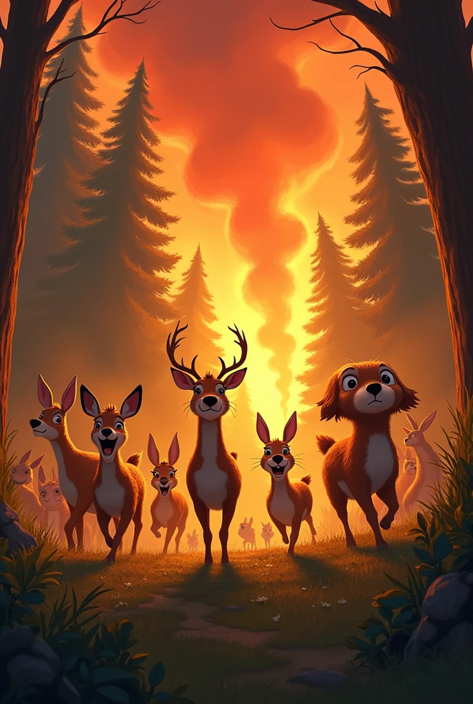 Animals and people fleeing a forest fire, pixar style drawing 