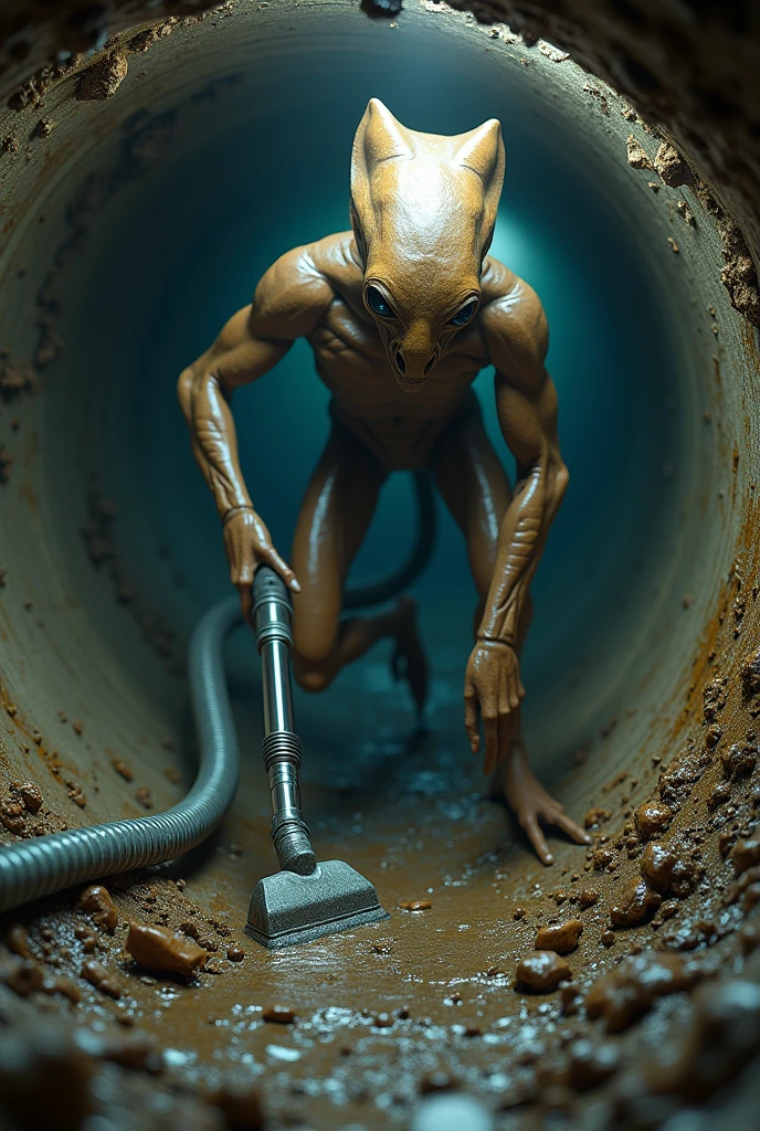An alien is deep in a dirty pipe full of sewage.，Cleaning with a vacuum cleaner in hand