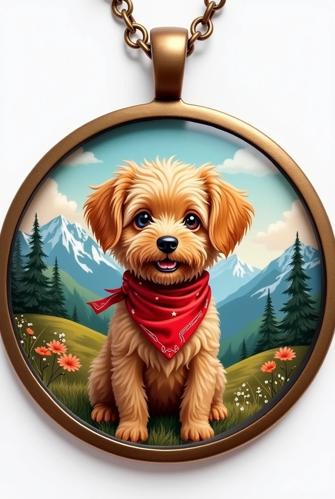A circular design for a tiny painting inside of a locket. A circular mural with a cute, small brown dog with a red bandana, the design needs to be pretty, the dog is standing in front of a beautiful mountainous landscape, try to use pretty contrasting colors