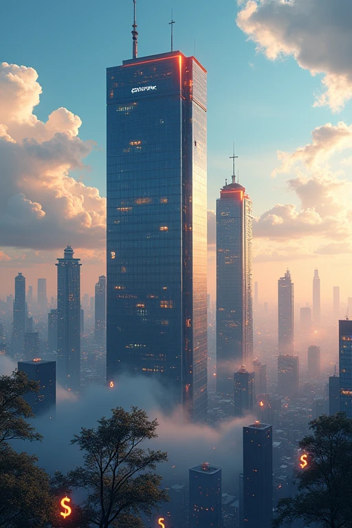 A giant BlackRock logo casting a shadow over a cityscape of skyscrapers representing different tokenized treasury funds. The BUIDL fund tower is the tallest and still growing. Dollar signs and crypto symbols float in the air between buildings.