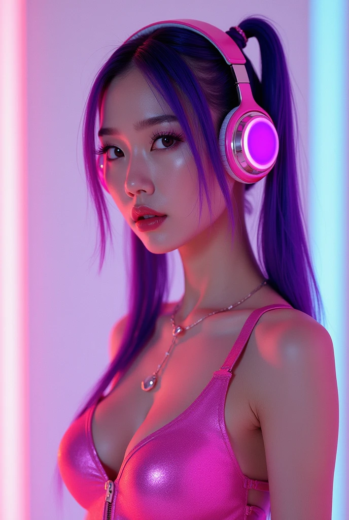 Korean purple hair butterfly woman with headphone and shiny pink outfit shiny pink and purple headphone and pigtails full body full body perfect body