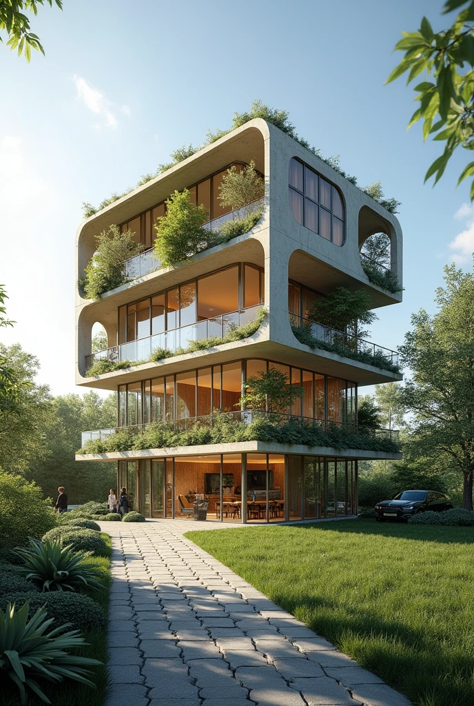 A courthouse building in relation to a beehive, Modern design that integrates with nature, that it is 2 stories and that the land is on a slope