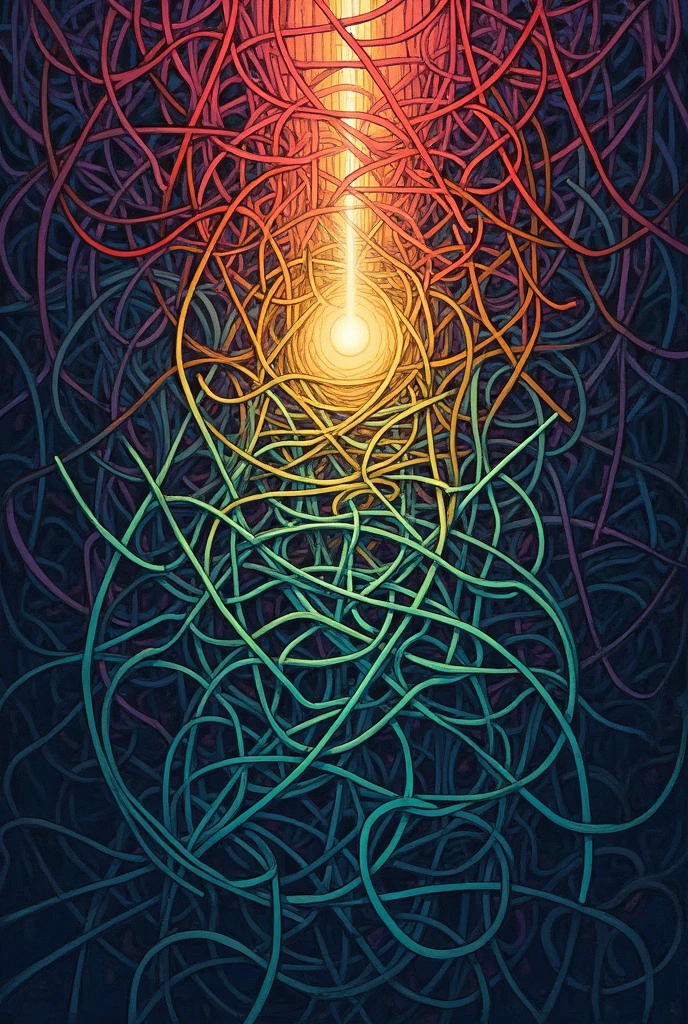 Create an illustration of a complex web of threads。The thread is、In different colors and thicknesses、Tangled、Please describe how difficult it is to untangle.。
but、At the center of the bundle of threads、The image of a ray of light shining through、Add an element of hope。