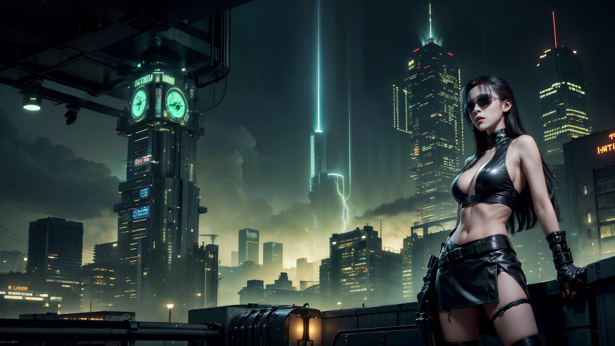 (Wide angle view). Matrix film inspired city, simple outlined neon tall buildings, glowing giant clock tower, lightning, close-up glowing matrix cascading code, 3D rendering Beeple. At night, (1girl, solo, alone), photorealistic, large-breast slim:0.6 body, oval:0.5 face, cleavage:1.1, miniskirt, deep-v, ((upskirt)), glove, (Matrix style black micro sunglasses), ((aiming viewer with a short gun)), (half-body thigh level close-up shot), cinematic lighting, ray tracing.