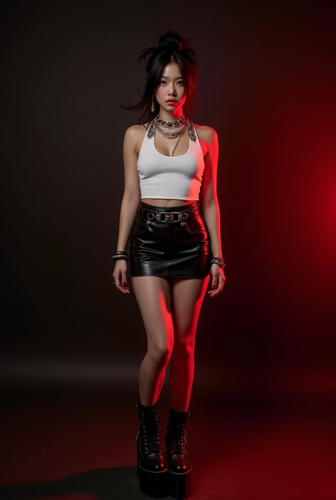 Female kpop idol with sharp korean facial features, black hair in a messy bun, soft red lighting, full body picture, black background, stylish tight white top, black skirt, black platforms, chain belts.