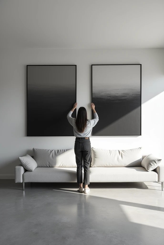 A Brazilian woman from behind aligning two 60x80 black and white paintings on the wall above the sofa, large and well-lit room