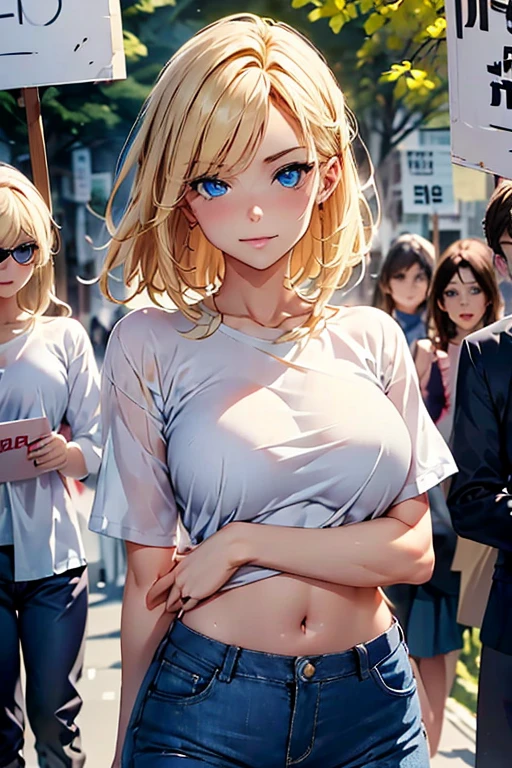 Create a beautiful blonde woman with blue eyes, he must be wearing short jeans and a white top, she must be holding a sign saying feminism and must be in the middle of an all-female protest