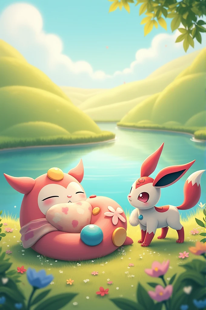 Create a picture with Relaxo and Sylveon, Feelinara should be worn by relaxo, these are Pokemon