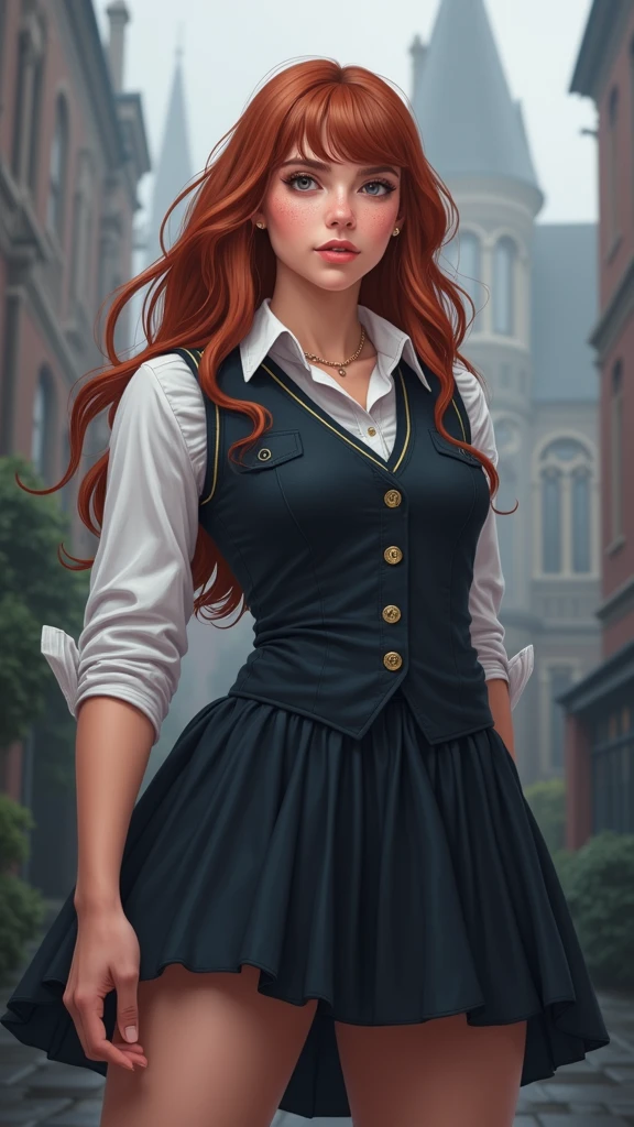 (rear view, backside view),An illustrated movie poster, hand-drawn, full color, a age Hogwarts student, 18-years-old, female, wearing a charcoal vest and a pleated skirt, athletic hourglass figure, full wide hips, massive round butt, long shapely legs, ridiculously thick powerful thighs, vibrant eyes, deep dark auburn hair, thick shaggy bangs, flushed sun-kissed complexion, freckles, resembles Genevieve O'Reilly, standing in a foggy Hogwarts courtyard, surrounded by mist, graphite shading, stencil marks, airbrushed acrylic paint, masterpiece, close-up shot, in the style of the Deathly Hallows, high quality, (RAW photo, best quality), (realistic, photorealistic: 1.4), (extremely delicate and beautiful: 1.4), amazing, fine details, masterpiece, ultra detailed, high resolution, best illustration, best shadow, intricate, ( extremely intricate: 1.2), (exquisitely detailed skin), cinematic light, perfect anatomy, (cool color: 1.4), sharp focus, 8k UHD, DSLR, (Fujifilm XT3),(iluminación cinematográfica :1.4), ((skirt tug, wind lift)), (skirt tug, wind lift:1.4), (pink panties), (skirt lifted by itself: 1.1), (skirt lift: 1.3), (showing white panties: 1.3), (skirt lifted by itself: 1.4 ), (skirt lift: 1.4 ), (showing white panties: 1.4 ), (nsfw:1.4 ),(nsfw V2.1), score_9, score_8_up, score_7_up, score_6_up, rating_explicit, 1girl, ((18YO:1.2)), Adult, full lips,(tiene un hermoso culo :1.4)
