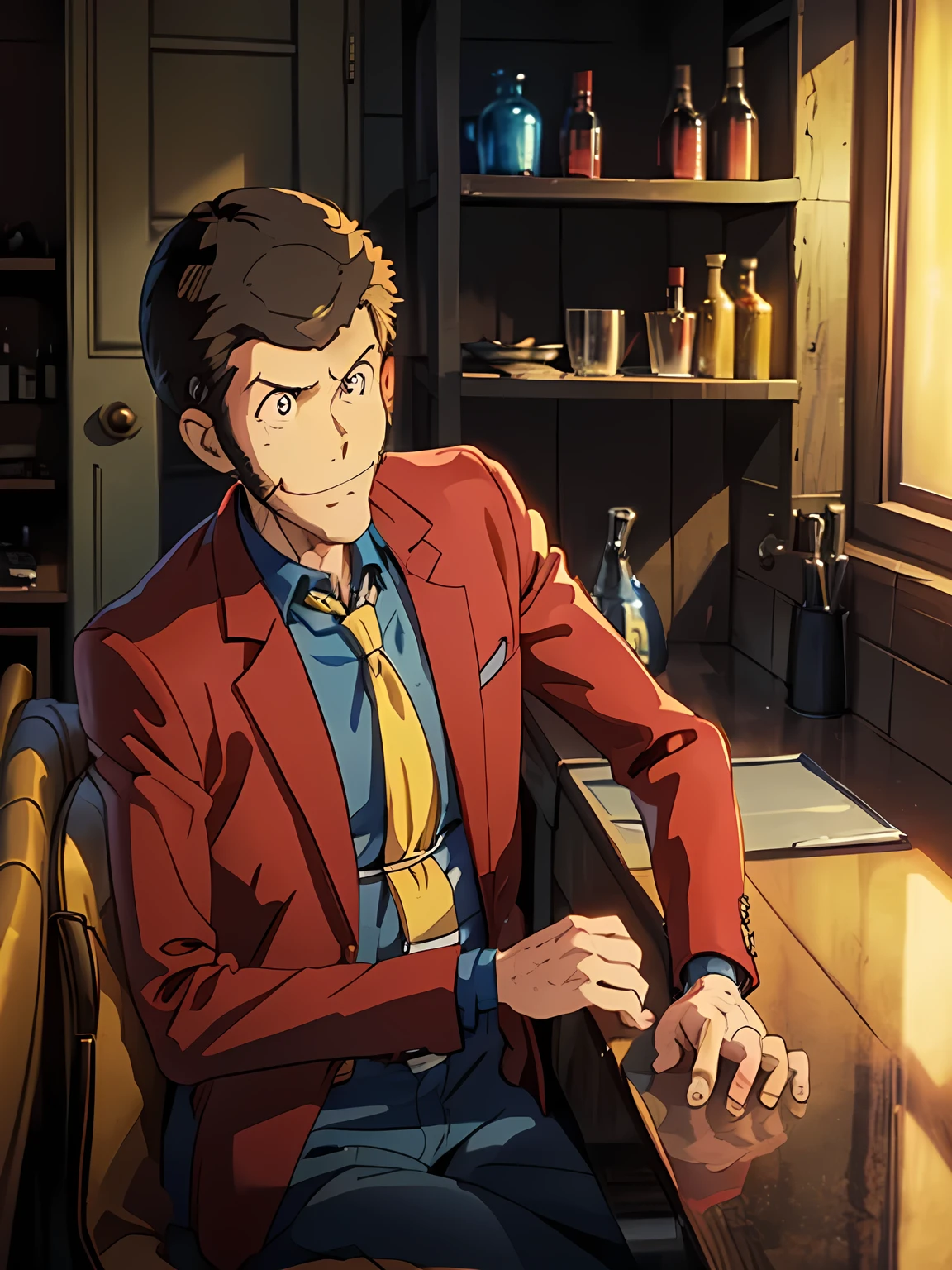 Lupin, (Red jacket, Blue shirt, yellow tie, very very short hair), Close-up, Toon Shader Rendering, Natural side Lighting, ((A slightly dimly lit bar, Sit at the counter)), Slightly Smile with mouth closed, With a glass, The correct number of fingers, Nice atmosphere, Anime style illustration, ((masterpiece, best quality, high resolution))