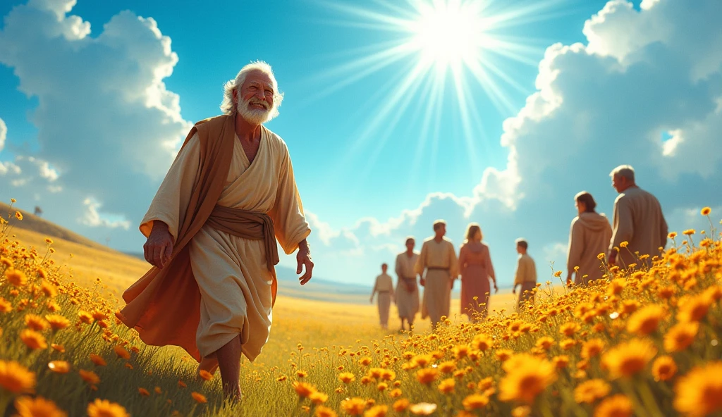 "Create a vibrant, realistic scene that represents Job's restoration as described in the Bible. Good now, a man of about 70 years old, with an expression of gratitude and joy, surrounded by his new family, which includes sons and daughters. The setting should be a sunny, flowery field., symbolizing the abundance and prosperity that God has granted you. Ao fundo, include elements that represent the various generations it witnesses, like children playing and adults talking. Portray Job in simple clothing, but worthy, reflecting his humility and faith, while a radiant blue sky symbolizes divine blessing. The atmosphere must be one of happiness, Hope and renewal, highlighting the idea of reward for faith and perseverance in the face of adversity."