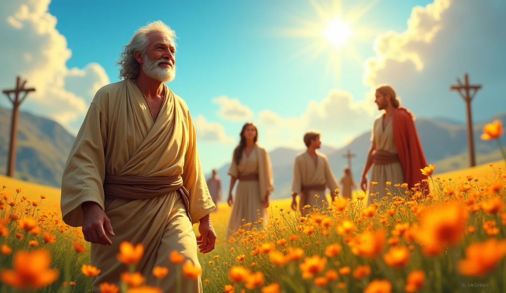 
"Create a vibrant, realistic scene that represents Job&#39;s restoration as described in the Bible. Good now, a man of about 70 years old, with an expression of gratitude and joy, surrounded by his new family, which includes sons and daughters. The setting should be a sunny, flowery field., symbolizing the abundance and prosperity that God has granted you. Ao fundo, include elements that represent the various generations it witnesses, like children playing and adults talking. Portray Job in simple clothing, but worthy, reflecting his humility and faith, while a radiant blue sky symbolizes divine blessing. The atmosphere must be one of happiness, Hope and renewal, highlighting the idea of reward for faith and perseverance in the face of adversity."