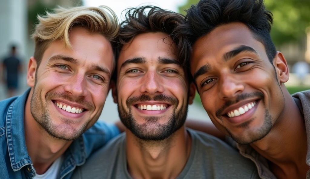 (photorealism:1.2), 1 German guy with blond hair and ice blue eyes with a height of 6'5, another Russian guy with brown eyes and brown hair with a height of 6'1, an Indian guy with brown eyes with a height of 6'2. All taking a selfie together, fully realistic, no blur, detailed. s