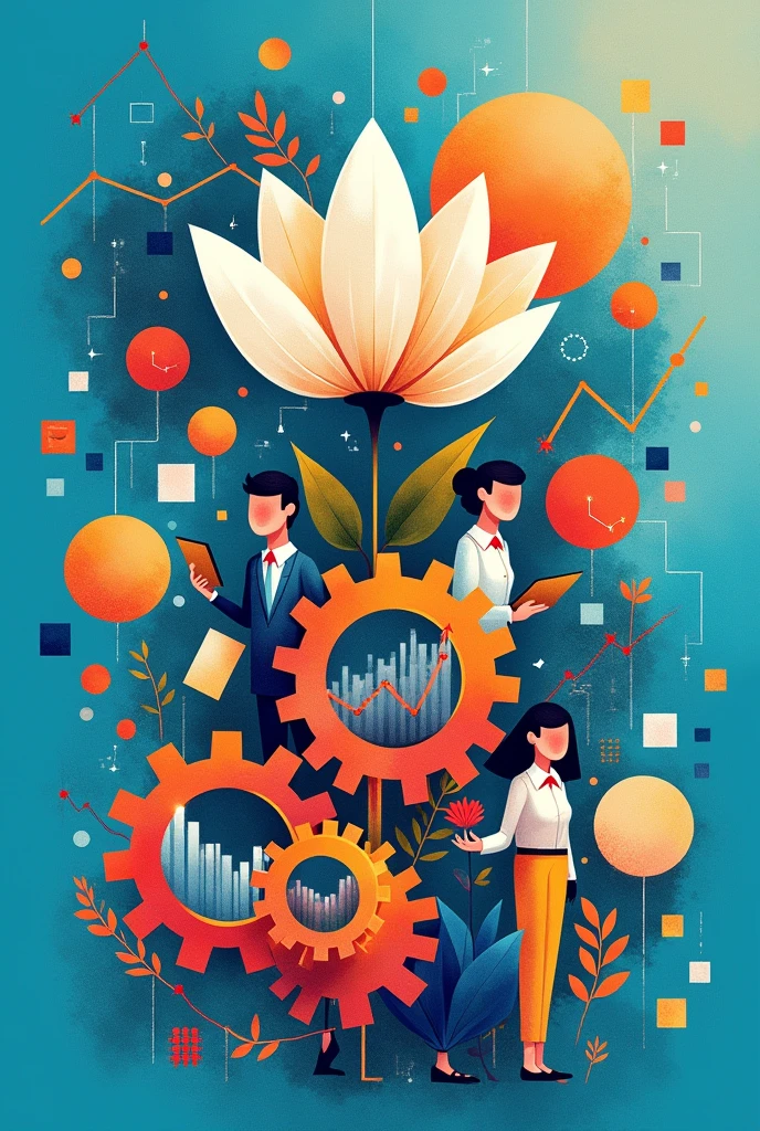 Create a three-dimensional gear Circles and squares, currencies, graph lines and many images of businessmen and businesswomen. Using watercolor and mixed media, bright colors are used. The light source is in the upper right corner. There is a big white flower. The background is blue. --ar 2:3
