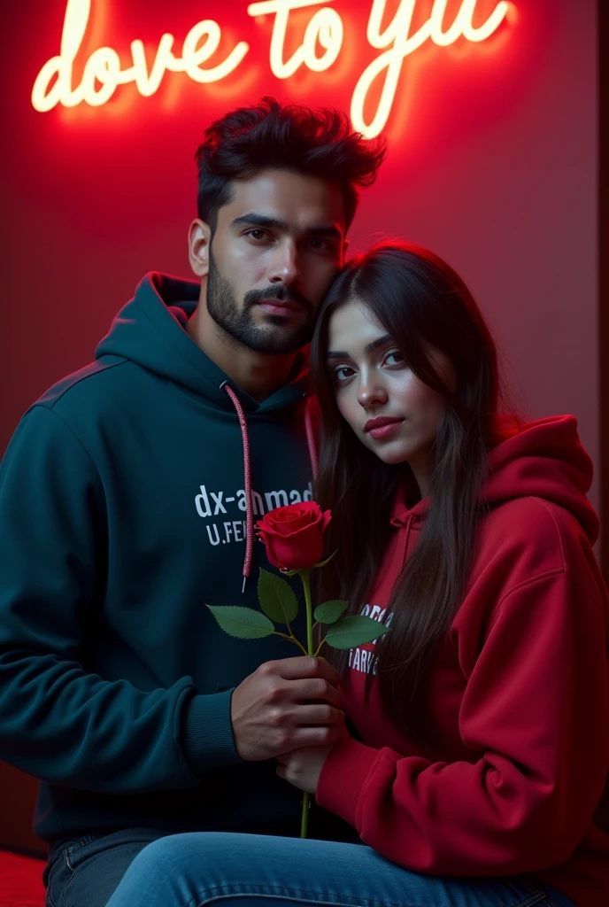 A 8K detailed portrait ultra HD qulaity of a 27 years handsome guy from pakistan and a beautiful pakistan's 30-years woman in white hoodies. "Dx-Ahmed" is on his hoodie, "Fiza" on hers. She holds a red rose while sitting, with a neon-lit wall behind them reading "Dx-Ahmed loves Fiza." The mood is romantic and serious.