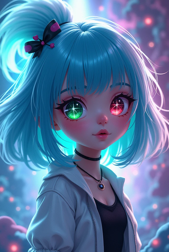 Create an fnf image of a girl with sky blue hair with white tips and shows her green eye with a white star and another red eye with a black star 