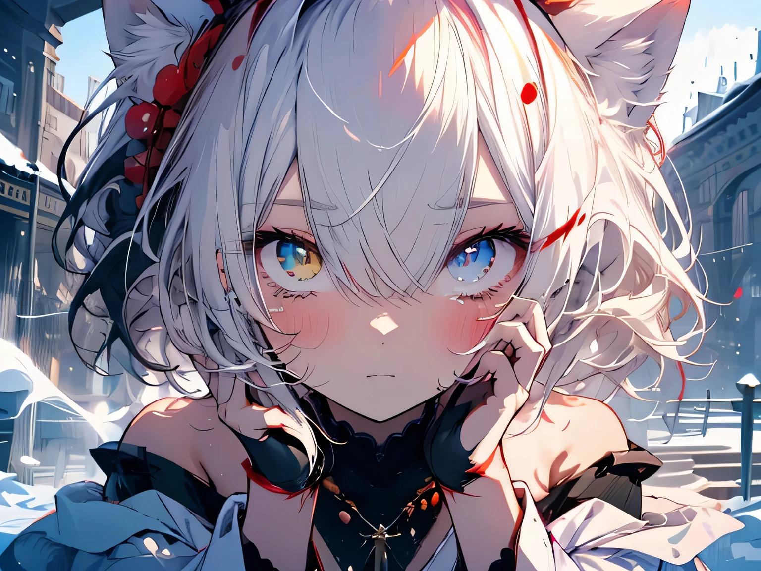 [[[ Extremely detailed, best quality, soft skin, beautiful, 4K]]] White hair, ((White cat ears)), ((A perfect demon with red and black eyes)) , ((White and blue eyes)) ,((Heterochromia)), Tied up hair, slim body, Dynamic Angle, White necklace, White and blue loose kimono (Off-shoulder kimono ) , ((Half evil expression)) , ((Half sad expression)) , woman, Snowy palace garden background, Serious, Blood on the Snow). Walking Angle, ((A little smile)), Bare shoulders,  Easy to like, landscape, Sexy pose, One eye sheds tears of blood, The other eye is crying, Half face is good, Half face, HQ Facial Details