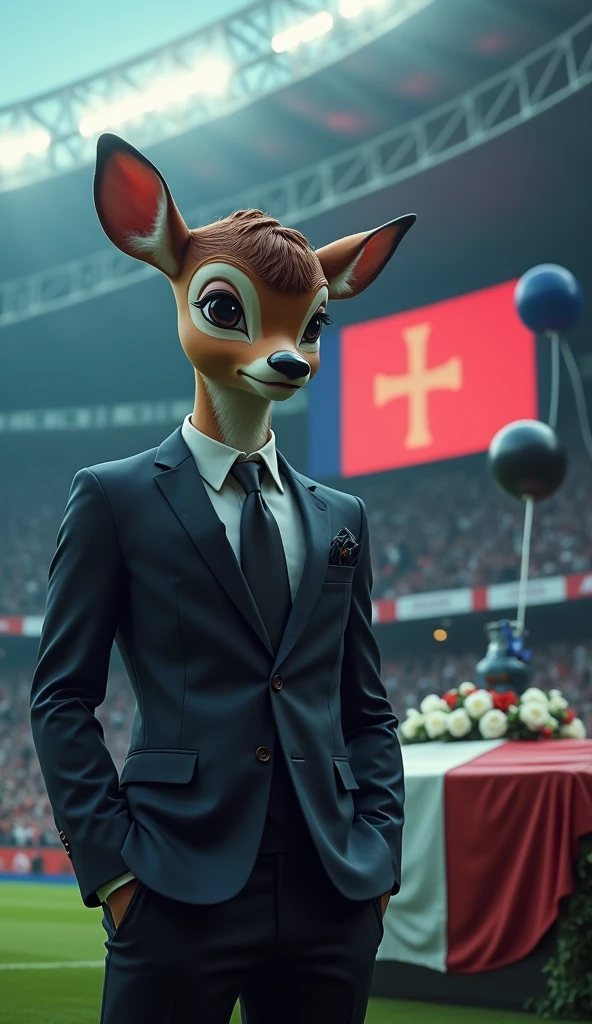 a muscular bambi, swollen chest, wearing a black suit, crying, sad expression, on the screen in the background a thick red Maltese cross, inside a soccer stadium, both are sad seeing a coffin with a flag over it highlighted in the colors blue, white, red, black balloons flying in the wind