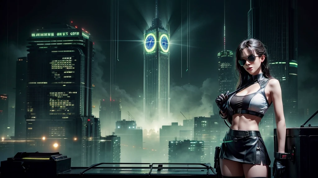 (Wide angle view). Matrix film inspired city, simple outlined neon tall buildings, glowing giant clock tower, lightning, close-up glowing matrix cascading code, 3D rendering Beeple. At night, (1girl, solo, alone), photorealistic, large-breast slim:0.6 body, oval:0.5 face, cleavage:1.1, miniskirt, deep-v, ((upskirt)), glove, (Matrix style black micro sunglasses), ((aiming viewer with a short gun)), (half-body thigh level close-up shot), cinematic lighting, ray tracing.