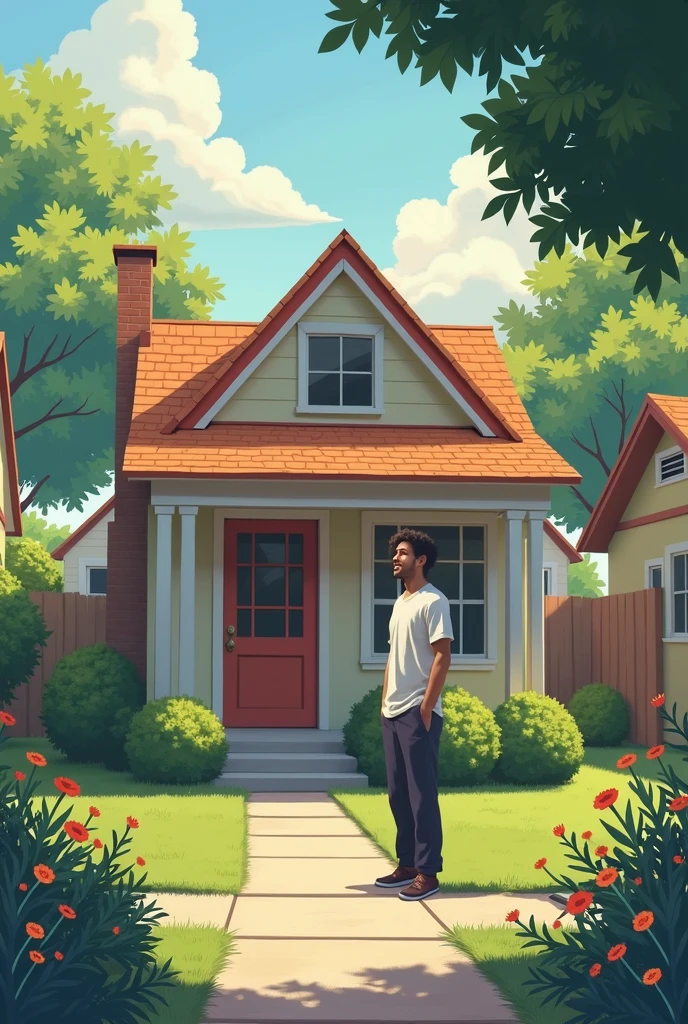 A scene of Ali's house, which is simple and neat. Ali is standing outside, thinking about his life.
